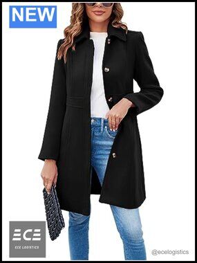 Fisoew Single Breasted Pea Coat Polyester Lined Winter Work Office Coat